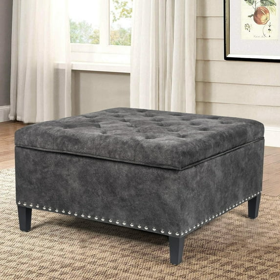 Adeco Large Square Footstool Fabric Storage Ottoman Bench Grey Fabric
