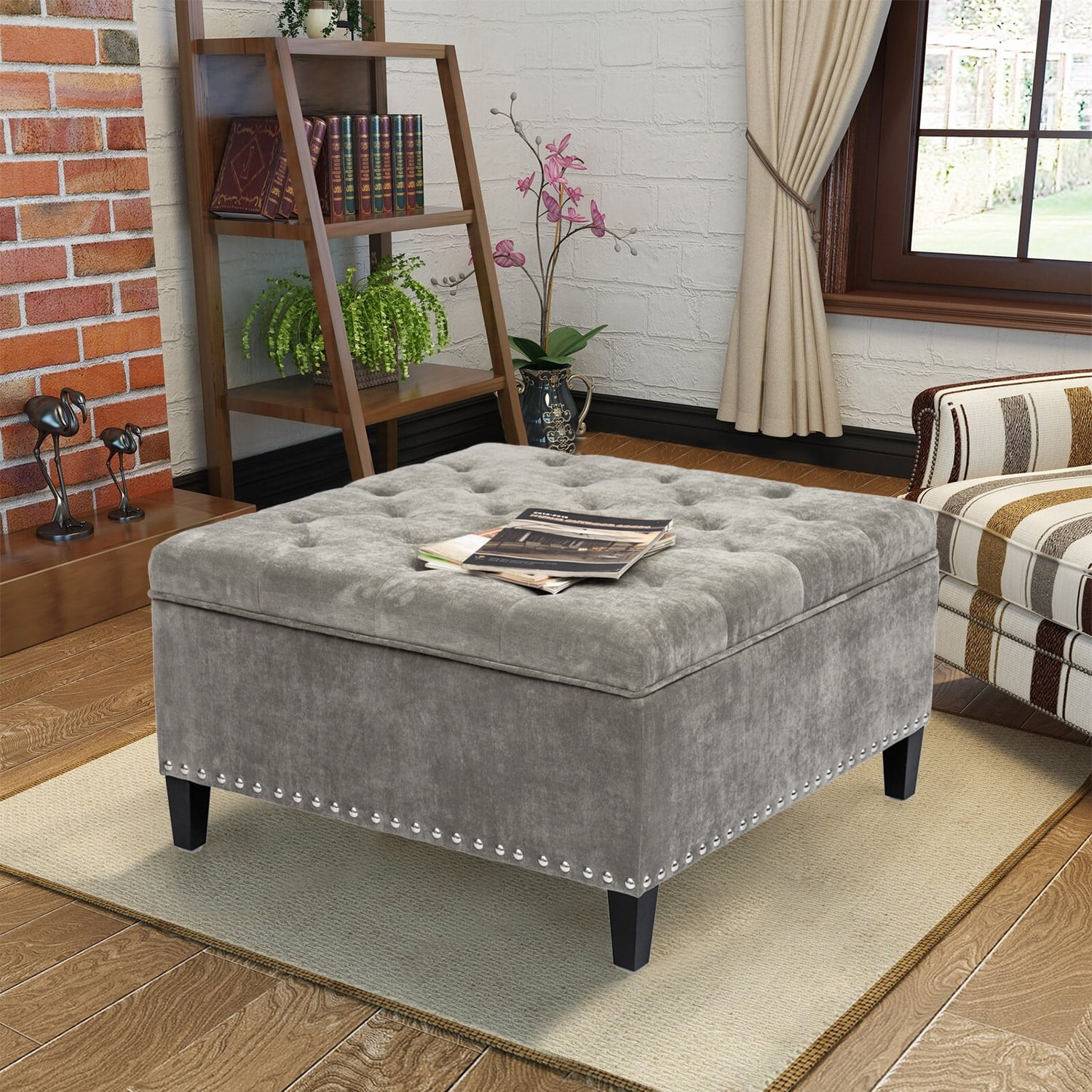 Adeco Large Square Footstool Fabric Storage Ottoman Bench Light Grey Fabric