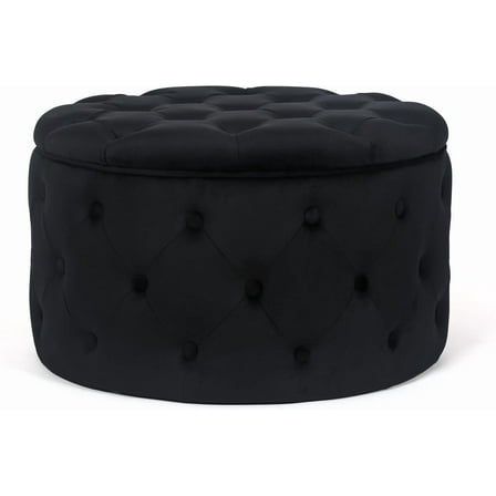Adeco Modern 24.8 Inch Black Round Storage Ottomans Chair, Button Tufted Upholstered Ottoman Footstool with Storage for Living Room Bedroom