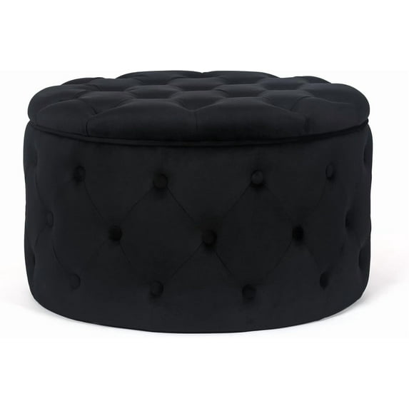 Adeco Modern 24.8 Inch Black Round Storage Ottomans Chair, Button Tufted Upholstered Ottoman Footstool with Storage for Living Room Bedroom