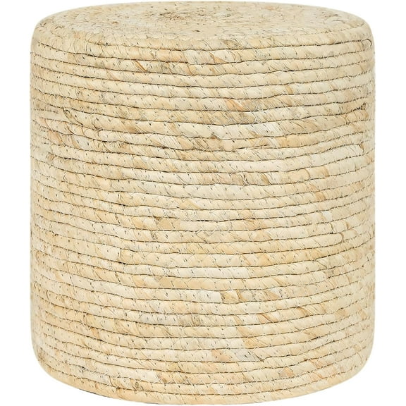 Adeco Patio Pouf Ottoman, Hand Woven Straw Rattan Indoor Outdoor Footstool, Boho Round Poufs Footrest Floor Chair Decorative Seat for Living Room, Bedroom, Porch (Cream White 15.9")