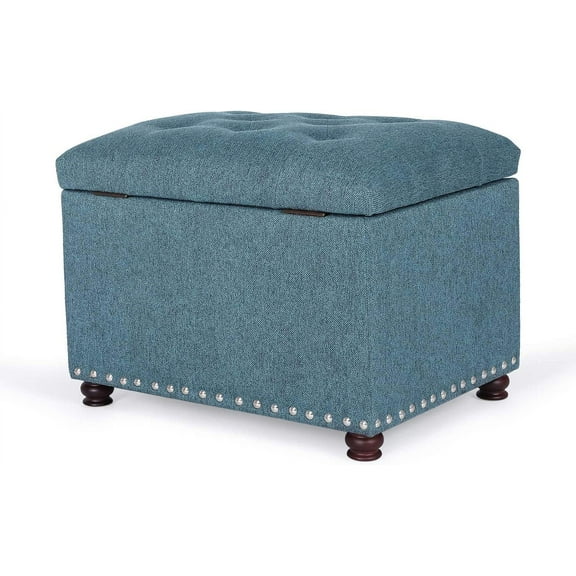 Adeco Rectangular Storage Ottoman Foot Rest Stool, Fabric Button Tufted Storage Ottoman with Hinged Lid (Cyan)