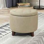 Adeco  Round Linen Storage Ottoman Tufted Fabric Footstool with Lid Beige