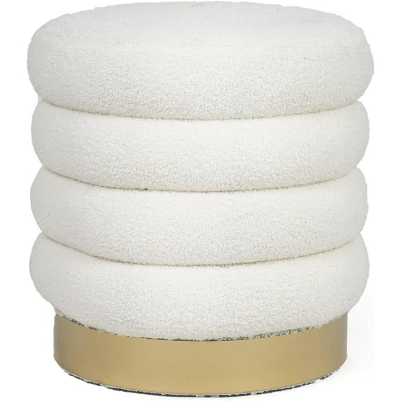 Adeco Round Ottoman Teddy Fleece Vanity Stool Chair with Metal Base, Modern Padded Footrest Stool Seat Footstool for Living Room Bedroom, White