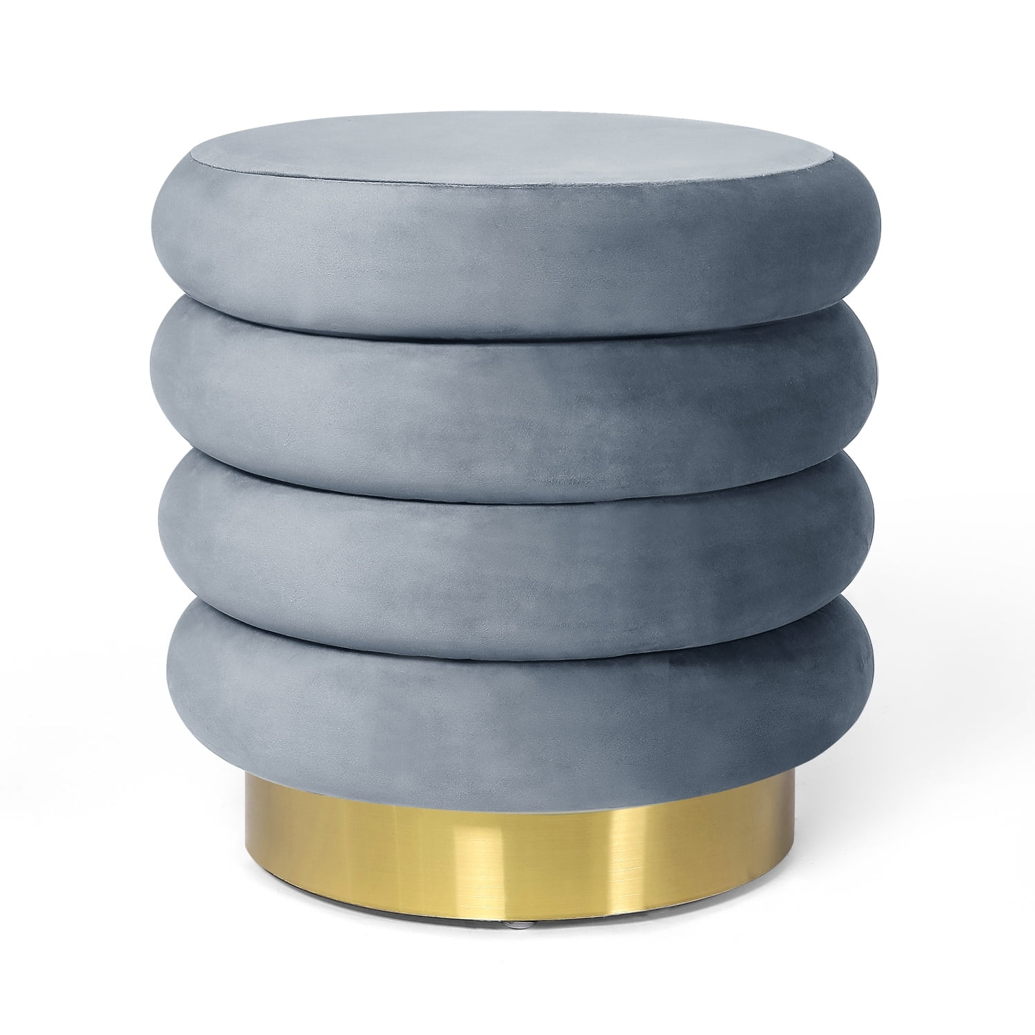Gray Velvet Round Storage Ottoman with Gold Base