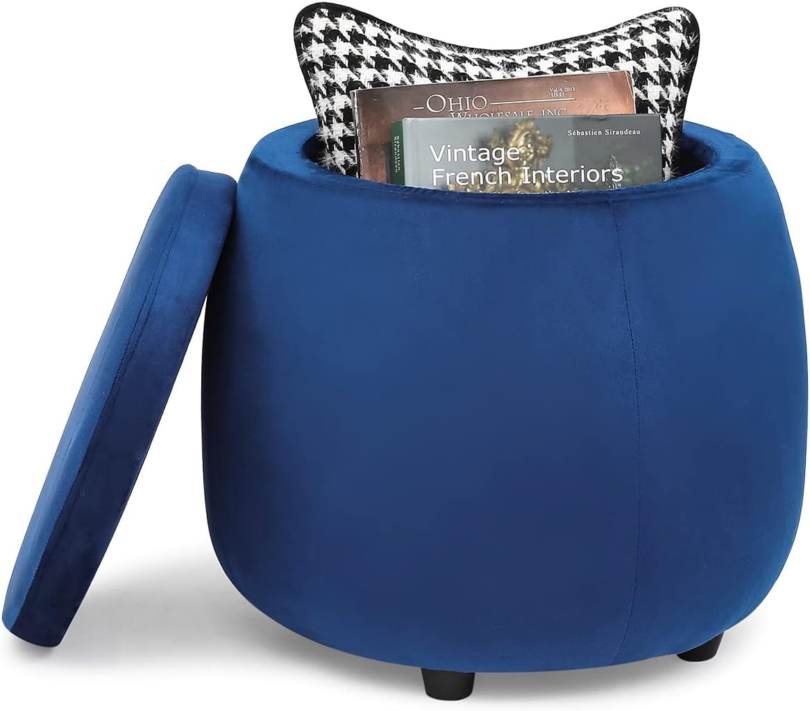 Adeco Round Velvet Storage Blue Ottoman Stool Chair for