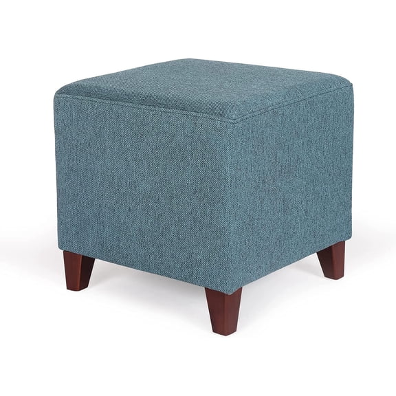 Adeco Small Foot Stool Ottoman, 16.5" Linen Cube Ottoman Foot Rest with Wood Legs, Upholstered Ottomans Footstool for Living Room, Bedroom, Couch, Cyan