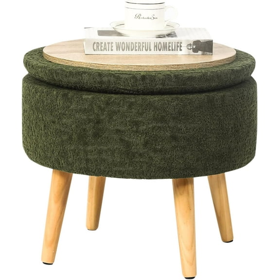 Adeco Small Round Ottoman with Storage, Olive Green Coffee Table with Removable Tray Lid, Teddy Velvet Fabric Upholstered Ottomans Foot Rest and Wooden Legs, Short Chair Footstool for Living Room