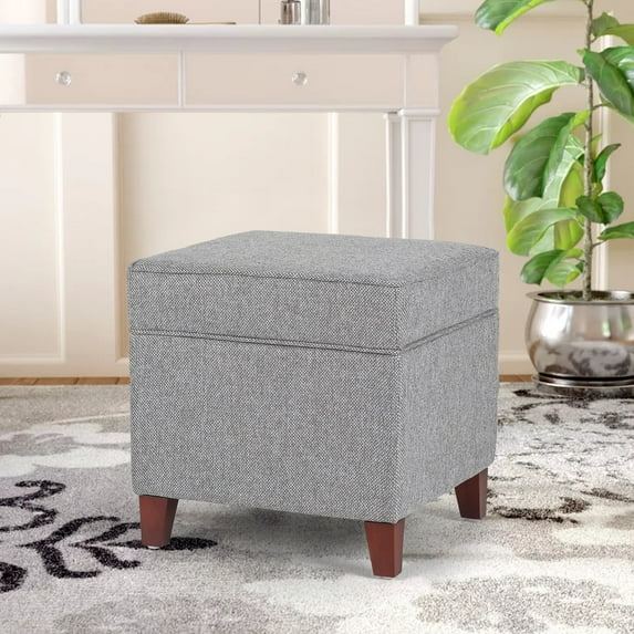 Adeco Square Storage Ottoman 17 inch Footstool Bench Light Grey Wood,Fabric Solid Storage Casual,Vintage
