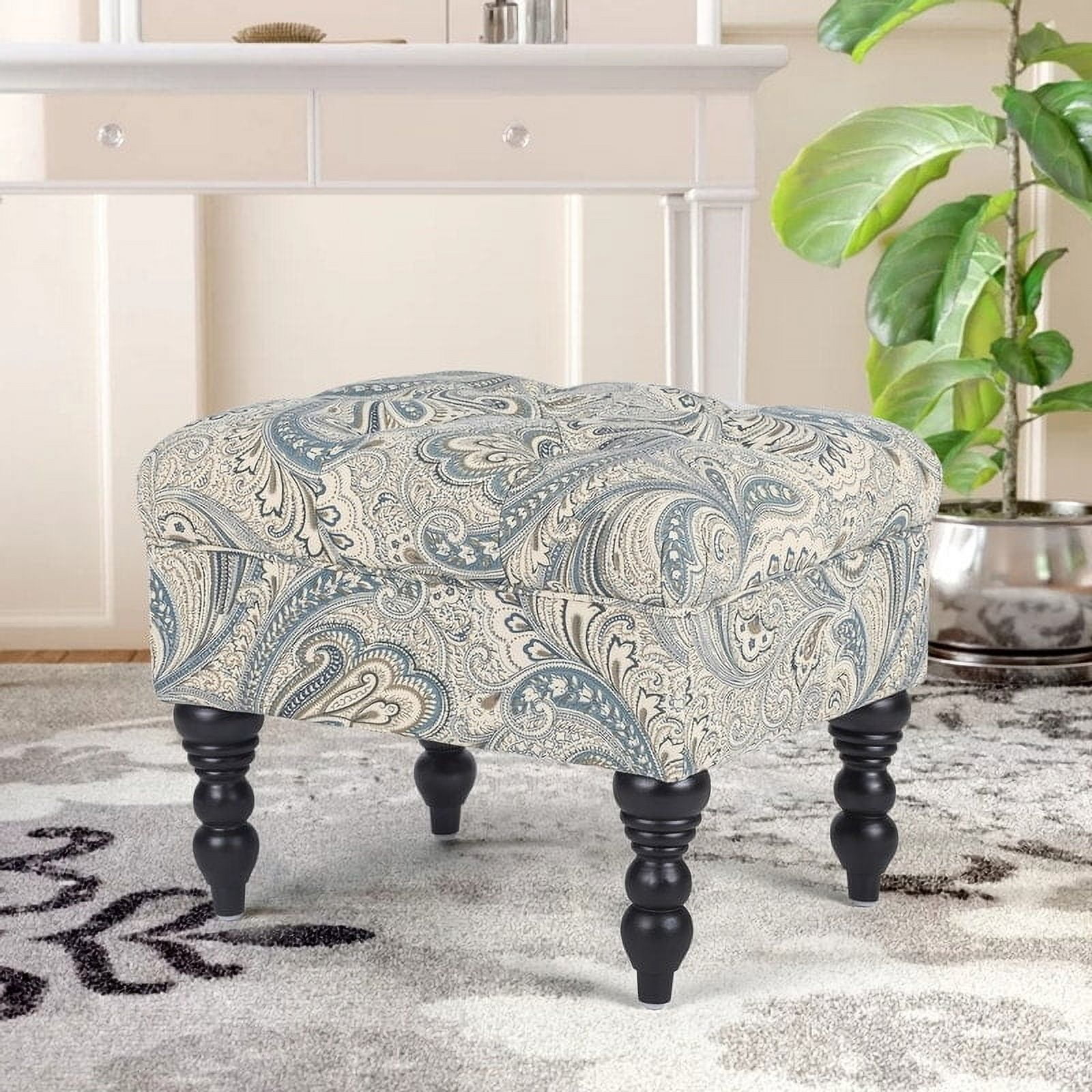 Paisley Patterned Blue and Beige Tufted Ottoman with Black Wood Legs