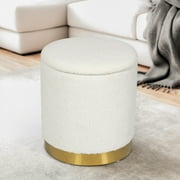 Adeco Velvet Round Storage Stool Gold Plating Base Storage Ottoman White