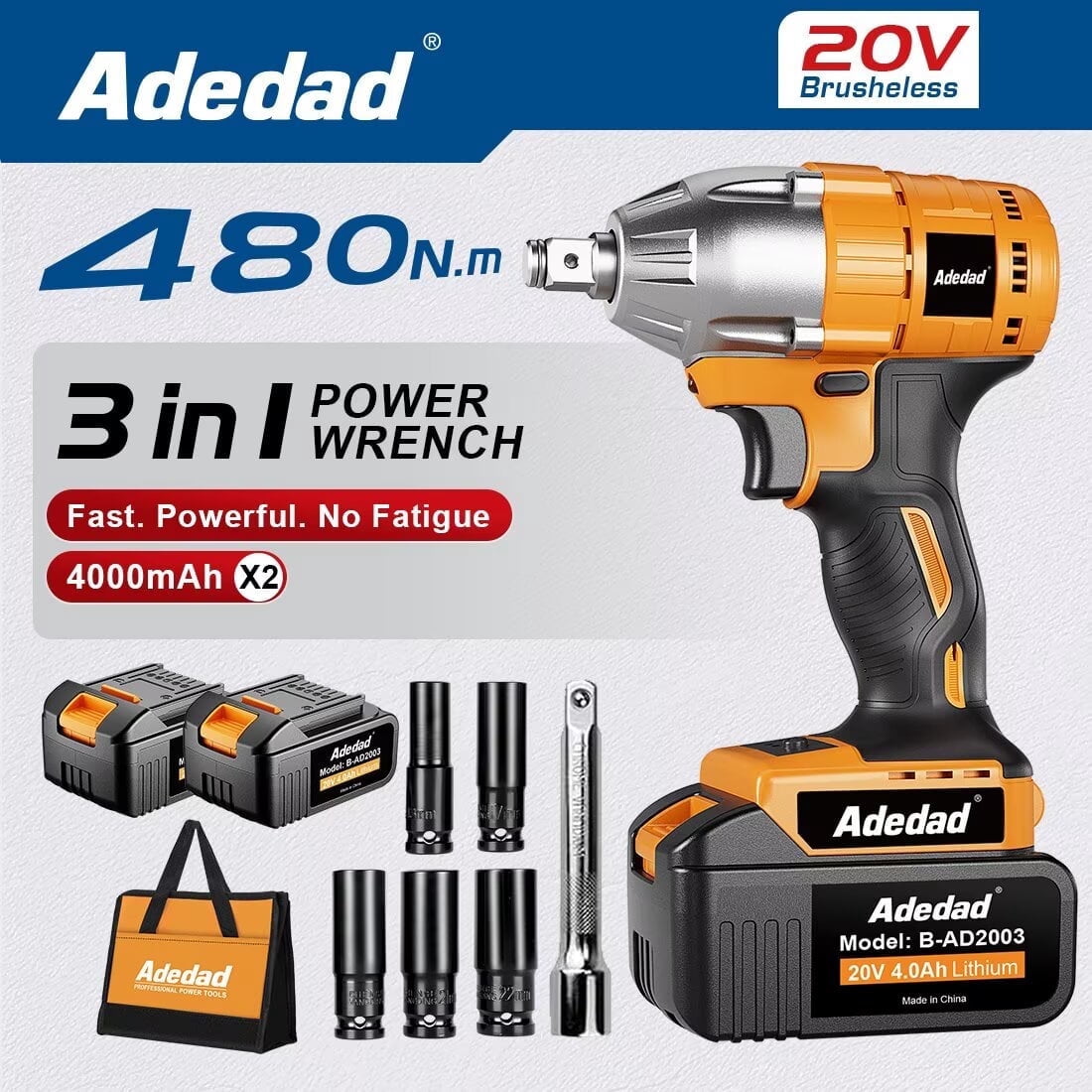 Adedad Brushelss Power Impact Wrench with 2x4.0AH Battery 1/2 inch Cordless Impact Gun Lightweight 20V Impact Driver for Car,Home,DIY 480N.m