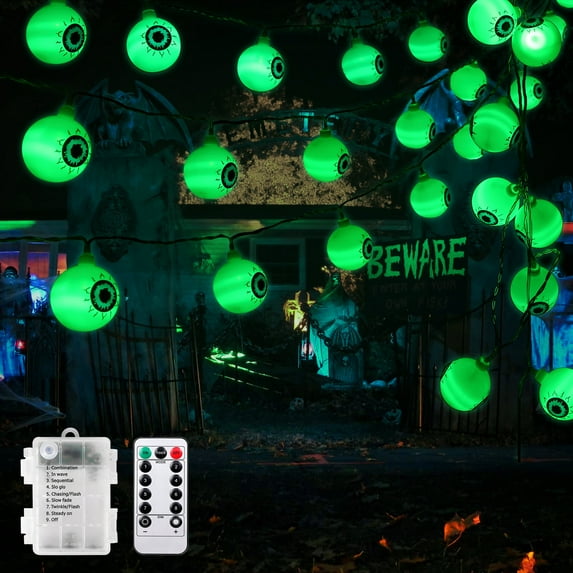 Adeeing 15.4ft Halloween Lights Waterproof Battery Operated Green Eyeball String Lights with 30LED 8 Modes for Backyard Porch Balcony Party Decor