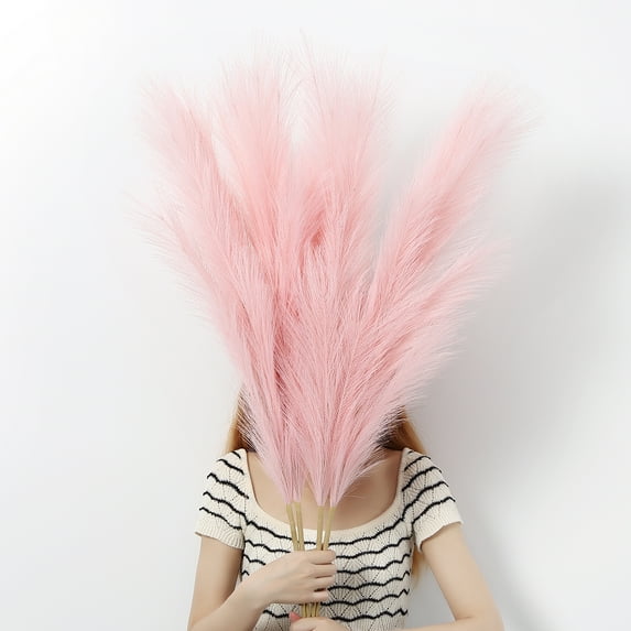 Adeeing 4 Stems Faux Pampas Grass 44.5" Tall Big Removable Artificial Pompous Grass for Home Kitchen Boho Decor, Pink