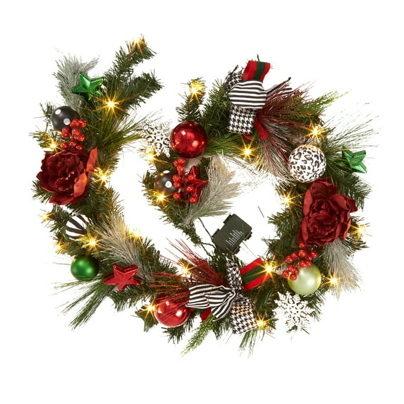 Adeeing Christmas Garland with Lights 6 ft Christmas Garland Decoration with Bows Pinecones Berries for Home Holiday Decor, Red Green