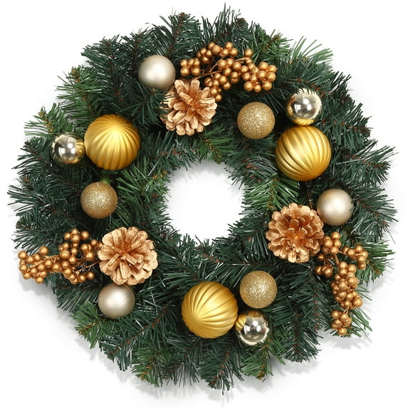 Adeeing Christmas Wreath 16 inches Indoor and Outdoor Xmas Wreath Decoration with Gold Ball Ornaments, Pine Cones for Front Door Window