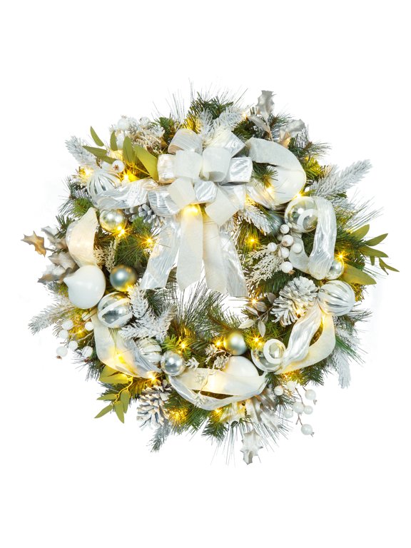 Christmas Wreath, 30 Inch Outdoor Christmas Wreath for Front Door, Battery Operated Xmas Wreath with Silver White Ball Ornaments Bows and 40 LED Lights for Home Holiday Decor