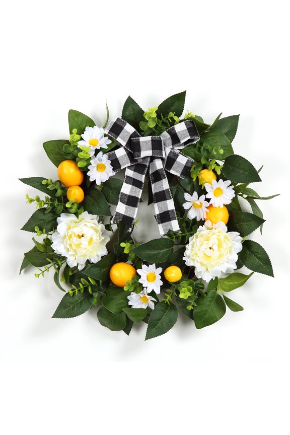 Lemon Wreath for Front Door 20in Spring Summer Wreath Artificial Flower Wreath with Lemon Peony Daisy for Wall, Window, Home Decor