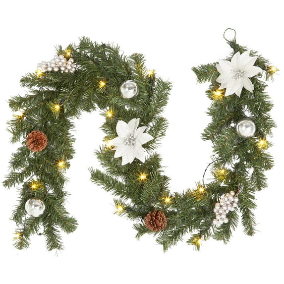 Adeeing Pre-lit Christmas Garland 6 ft Christmas Garland with LED Lights Silver Poinsettia Berries for Indoor Outdoor Fireplace Staircase Decoration