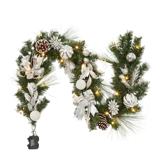 Adeeing Prelit Christmas Garland with 20 Lights 6FT Battery Operated Artificial Christmas Garland with Bows, Silver Ball Ornaments for Fireplace Mantle Decorations