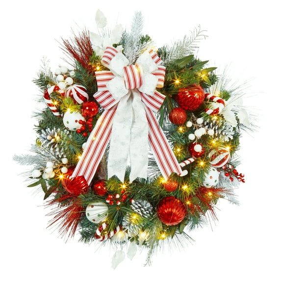 Adeeing Prelit Christmas Wreath for Front Door 30inch Christmas Wreath with 40 LED Lights, Bow, Ball Ornaments, Red White