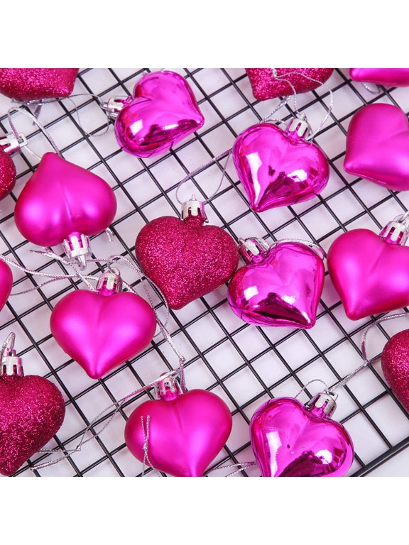 Valentine's Day Heart Ornaments 36pcs Heart Shaped Baubles Hanging Decorations for Christmas Tree Wedding Anniversary Party Decor, Red Pink