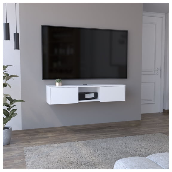 Adel White Floating TV Stand, Sleek Wall-Mounted Console with 2 Doors
