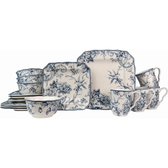 Adelaide Blue 16-Piece Floral Porcelain Dinnerware Set | Microwave and Dishwasher Safe Dining Set for 4 | Stackable and Chip-Resistant Plates Bowls and Cups | Gift for Housewarming & Wedding