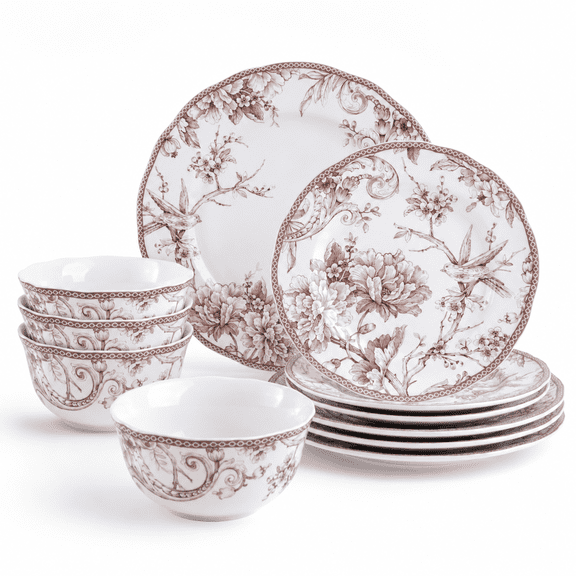 Adelaide Brown On White 12-piece Dinnerware Set - Service For 4 Big Dinner Plates And Sets Durable Porcelainwave Dishwasher Safe