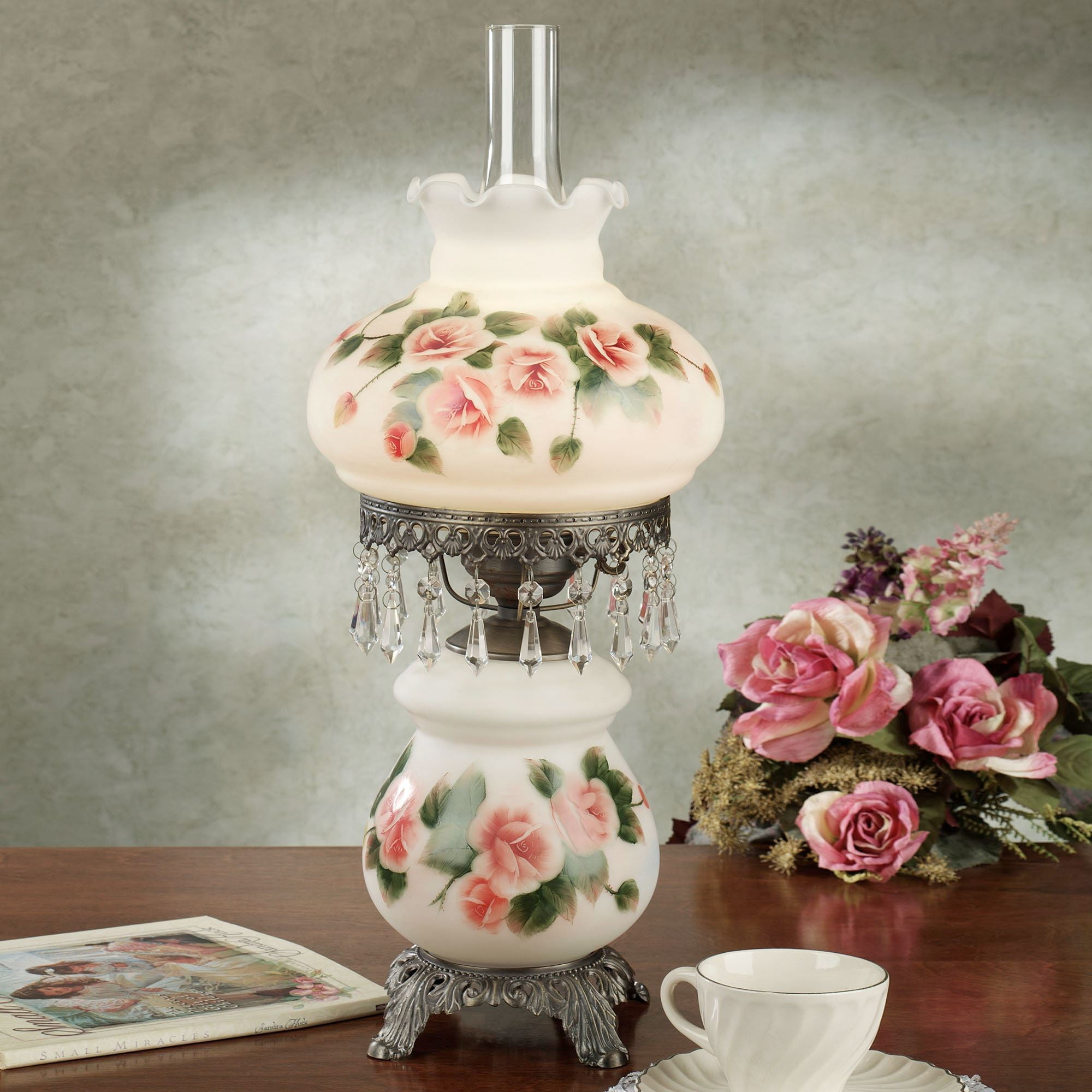 Adelaide Antique Brass Victorian Hurricane Table Lamp with Handpainted Roses