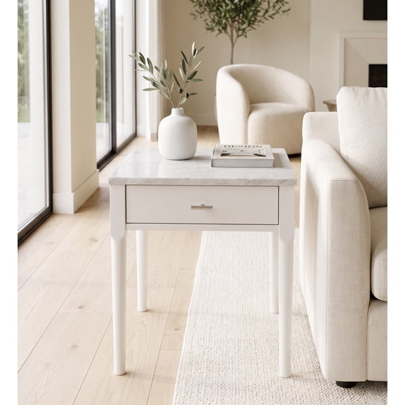 Adele 18" Square Italian Carrara White Marble End table with wood leg