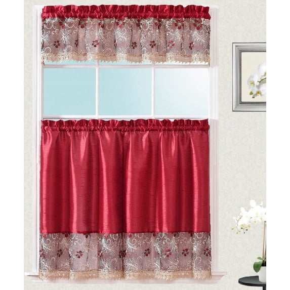 Adele 3 Peice Kitchen Curtain Set with Embroidered Floral Design Kitchen Curtain Tier and Valence Set, 36 Inches Burgundy