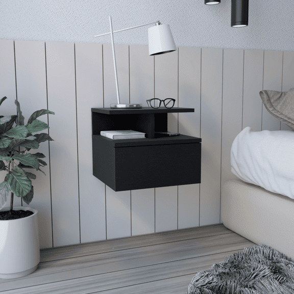 Adele Floating Nightstand , End Table, Side Table Drawer, Open Top Shelves -Black
