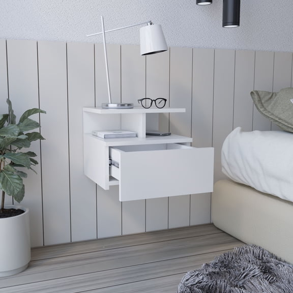 Adele Floating Nightstand,End Table,Side Table Drawer,Open Top Shelves-White,White Particle Board Furniture Bedroom Nightstands