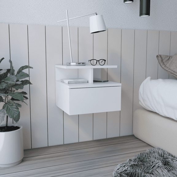 Adele Floating Nightstand , End Table, Side Table Drawer, Open Top Shelves -White