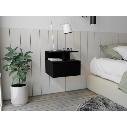 TUHOME Oak Floating Nightstand with Drawer and Open Storage Shelves, Title VI Compliant