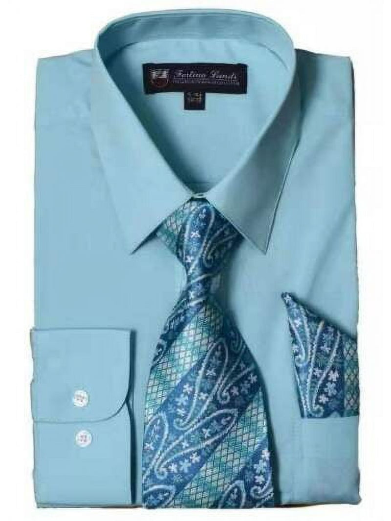 Men's Long Sleeve Dress Shirt Set - Navy, With Matching Tie & Handkerchief, 17-17.5 Neck, 34-35 Sleeve