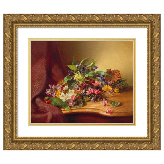 Adele Schuster 24x20 Gold Ornate Framed and Double Matted Museum Art Print Titled - Flower Piece with Parrot
