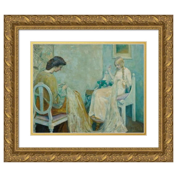 Adele von Finck 14x12 Gold Ornate Wood Frame and Double Matted Museum Art Print Titled - Two Ladies Sewing