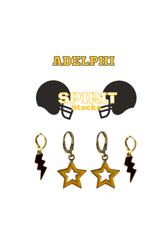 Adelphi University Spirit Stack black mini enamel bolts and golden yellow statement open starboys