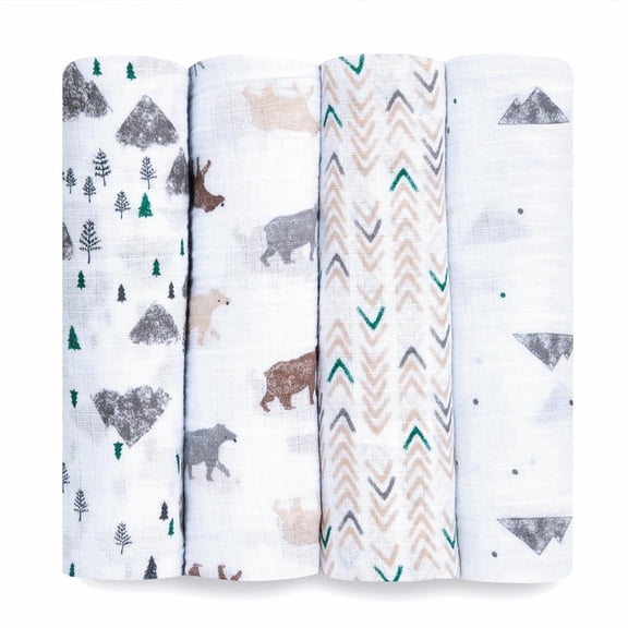 aden + anais Essentials 100% Muslin Cotton Swaddle Blanket, Male, 4 Pack, Bears Necessities
