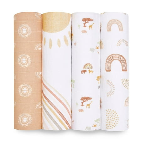 aden + anais Essentials 100% Muslin Cotton Swaddle Blanket, Unisex, 4 Pack, Keep Rising