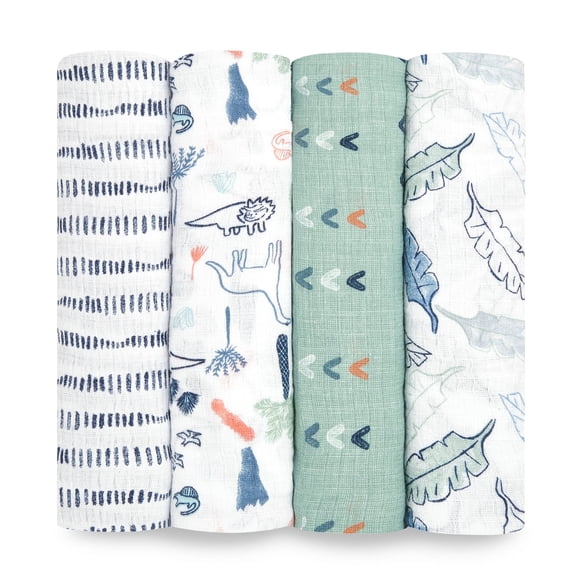 aden + anais Essentials Muslin Swaddle Blankets for Baby Girls and Boys, Newborn Receiving Blanket for Swaddling, 100% Cotton Baby Swaddle Wrap, 4 Pack, Dinotime