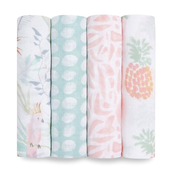 aden + anais Essentials, Cotton Muslin Swaddle Blanket, Tropicalia, Girls, Infants, 4-Pack