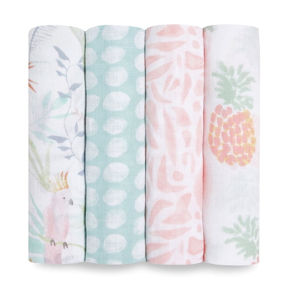 aden + anais Essentials, Cotton Muslin Swaddle Blanket, Tropicalia, Girls, Infants, 4-Pack