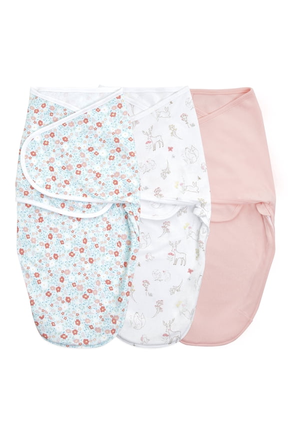 Essentials Wrap Swaddles, Cotton, Fairy Tale Flowers, Unisex, Newborn, 0-3 Mo, 3-Pk