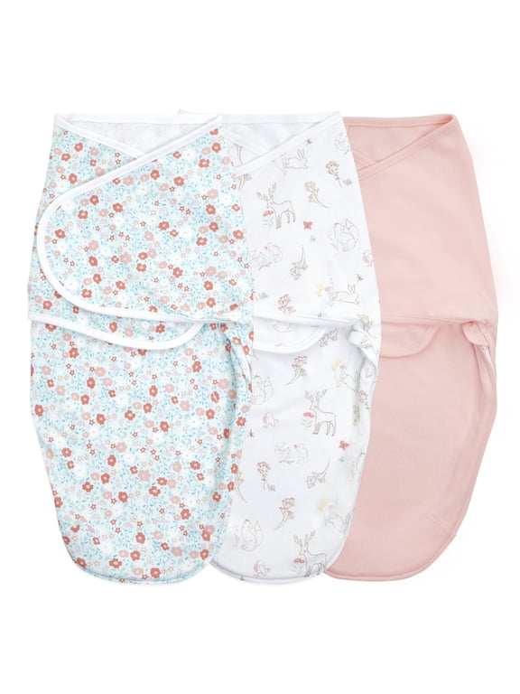 Essentials Easy Wrap Swaddle, Cotton Knit Baby Wrap, Newborn Wearable Swaddle Sleep Sack, 2 Pack, Female, Fairy Tale Flowers, 0-3 Months