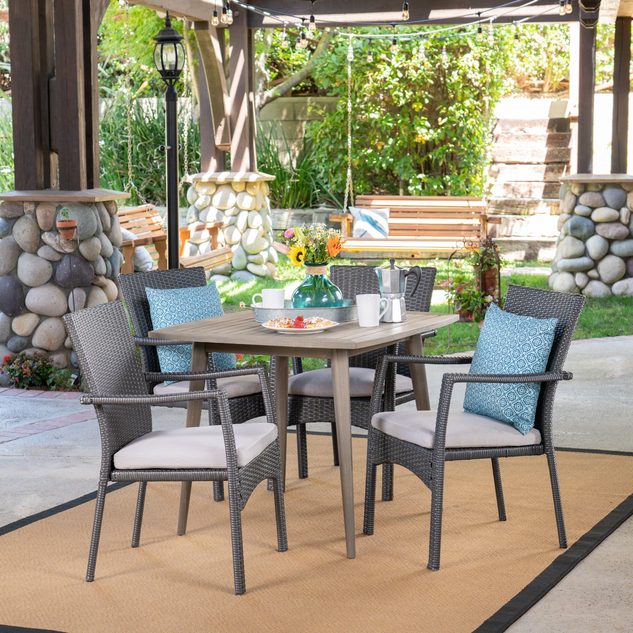 Hayden Outdoor 5 Piece Acacia Wood and Wicker Dining Set with Cushions Teak Multibrown Creme Walmart