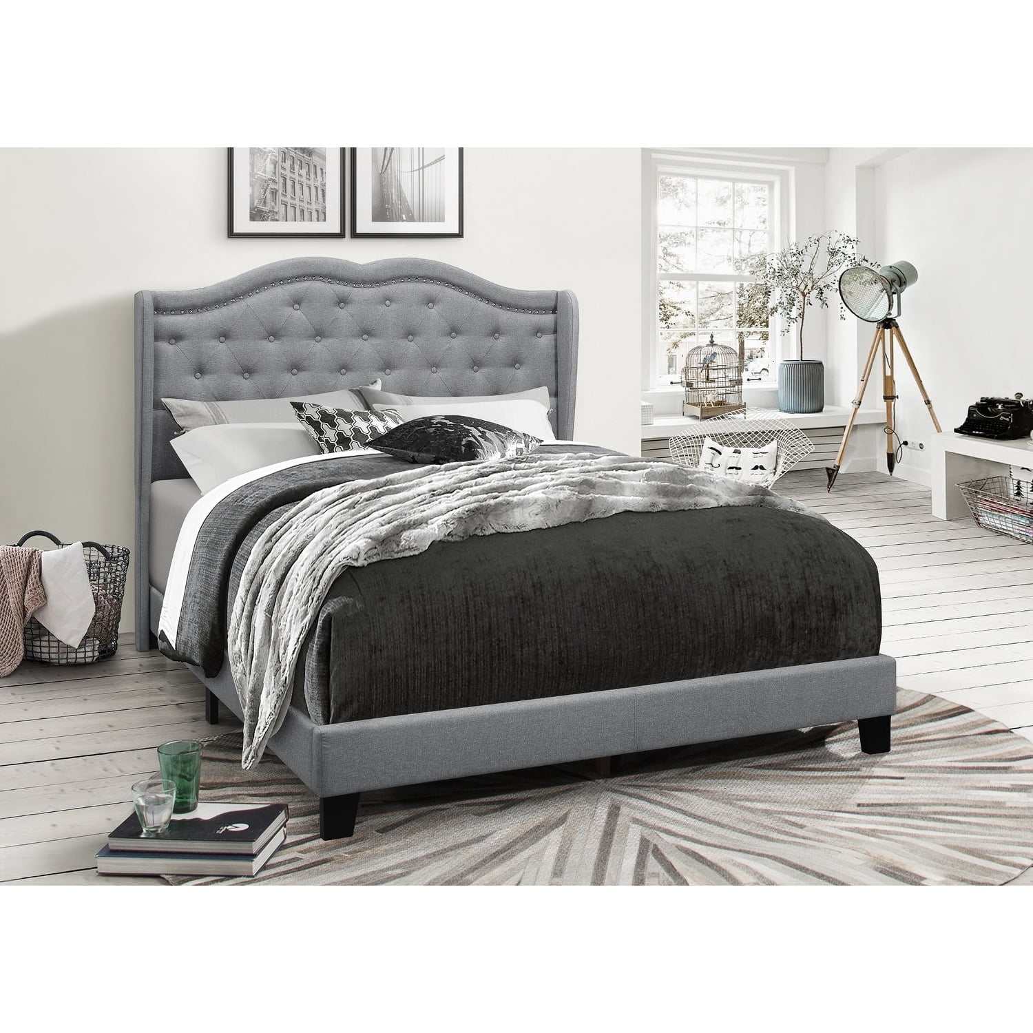 Aden Gray King Upholstered Wingback Bed with Tufted Headboard