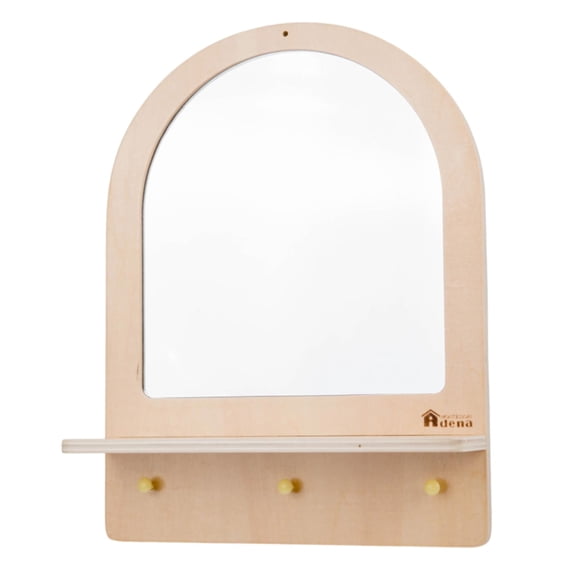Adena Montessori Toddler Mirror with 3 Hooks, Montessori Furniture Safe Wooden Wall-Mounted Mirror for Self-Care, Storage & Decor